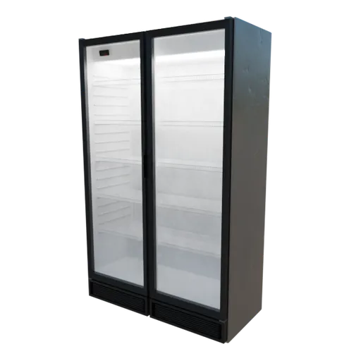 High-resolution Blender 3D model of double glass door commercial refrigerator for retail.