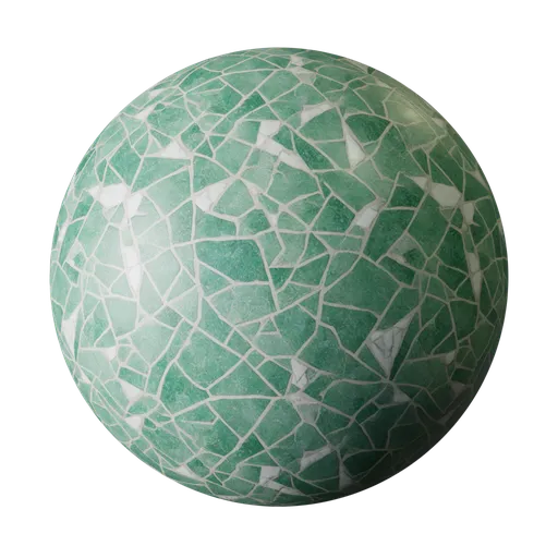 High-resolution green and white irregular mosaic PBR texture for 3D Blender materials suitable for floor and wall applications.