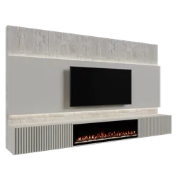 Modern 3D-rendered stone TV panel with fireplace for interior design, compatible with Blender 3D software.