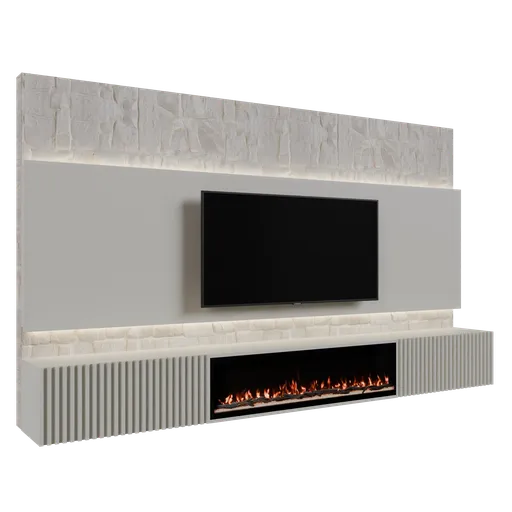Modern 3D-rendered stone TV panel with fireplace for interior design, compatible with Blender 3D software.