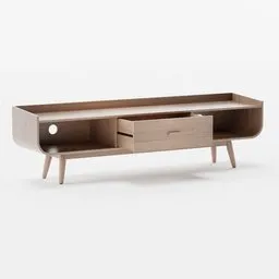 Scandinavian-style 3D rendered walnut TV cabinet with sleek lines and elegant curves, compatible with Blender.