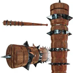 Highly detailed Blender 3D mace model with wood texture and metal spikes for historical military design projects.