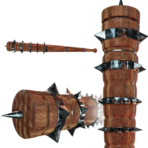 Highly detailed Blender 3D mace model with wood texture and metal spikes for historical military design projects.