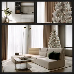 High-quality cozy interior 3D model featuring modern design, Christmas tree, perfect for lighting and rendering practice.