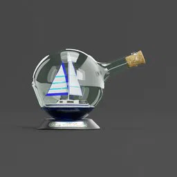 Detailed 3D rendering of a classic ship enclosed in a transparent bottle on a stand, crafted using Blender software.