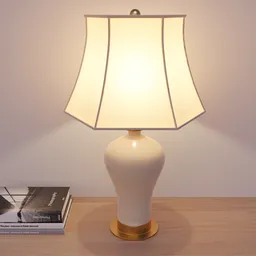 Realistic 3D model of a lit table lamp with detailed textures and materials, compatible with Blender 3D.