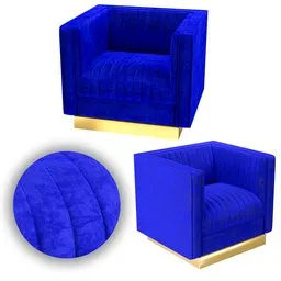 Realistic blue velvet tufted armchair 3D model for Blender rendering, detailed textures, accurate dimensions.