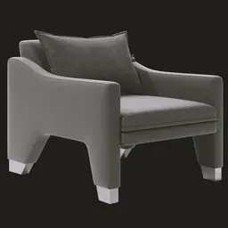 Sleek gray modern occasional chair 3D model with curved arms and cushion created for Blender rendering.