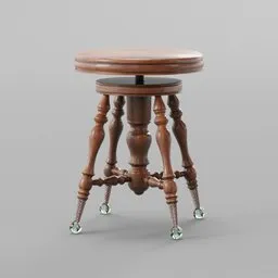 "Antique Victorian Piano Stool: A wooden, glass-topped table stool with small legs, reminiscent of 19th-century style. Designed for Blender 3D, this trending model, named 'Greeny', is by Lee Gatch and draws inspiration from Anson Maddocks. Perfect for CAD and pub scenes."