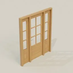 Wooden double door 3D model with glass panels, ready for Blender rendering and architectural visualization.