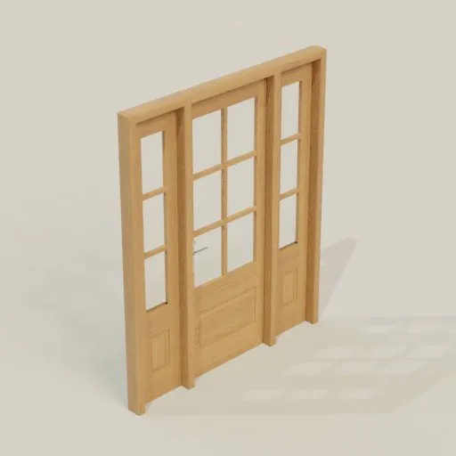 Wooden double door 3D model with glass panels, ready for Blender rendering and architectural visualization.