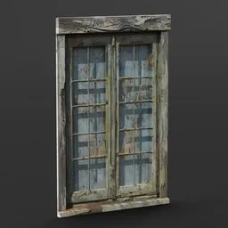 Detailed Blender 3D model of a vintage wooden window with flaking paint and realistic textures.