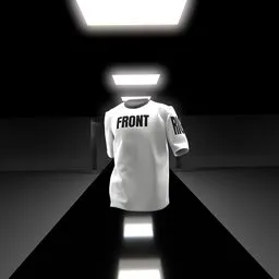 Realistic 3D model of a white t-shirt with customizable design in a lit showcase corridor, Blender cloth visualization.