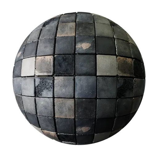 High-resolution PBR dirty broken tile material for 3D rendering, featuring displacement mapping for realistic textures.
