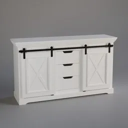 "Colonial-style white sliding door cabinet made of solid pine, inspired by Louise Abbéma and John Henry Kingsley, rendered in high octane, perfect for Blender 3D modeling."