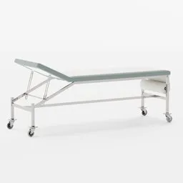 Detailed 3D model of a blue adjustable medical examination couch with a sturdy white frame and caster wheels.