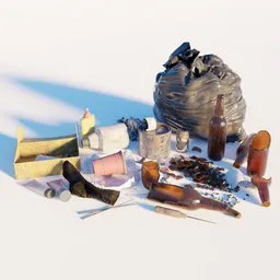 Detailed 3D model showcasing assorted urban refuse including bottles, cans, and a garbage bag.