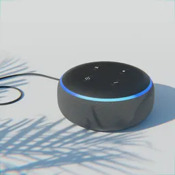 "High-resolution, UV unwrapped Alexa dot 3D model with detailed textures. Perfect for Blender 3D users seeking a high-quality mesh for realistic audio rendering. This cute 3D render features a black speaker with a cord connection, showcasing the bright blue future of audio technology."