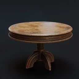 "Golden Victorian Round Table with intricate filigree and marble skin, inspired by Nicolas Lancret's style. Perfect for use in Blender 3D projects, featuring detailed golden trims and a circular wooden top."
