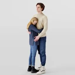 Detailed 3D model of embracing couple, man in longsleeve with blonde woman in jeans, designed for Blender render.