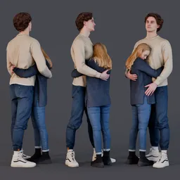 Detailed 3D model of embracing couple, man in longsleeve with blonde woman in jeans, designed for Blender render.