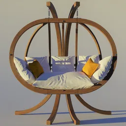 "Experience ultimate comfort with our Hanging Chair 3D model for Blender 3D, featuring a spacious wooden swing design adorned with white and yellow cushions. Perfect for outdoor relaxation, this model boasts high-quality 8k resolution and expert rendering with Octane Renderer. Inspired by the works of Giovanni Antonio Galli and trending on Artstation, this asymmetrical and vertical movie frame design is sure to elevate any al fresco space."