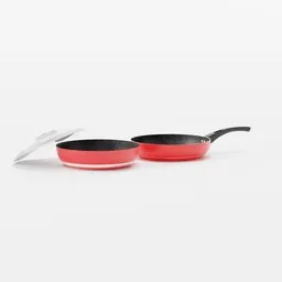 Detailed 3D model of red frying pans with ergonomic handles, ideal for Blender kitchen scenes.