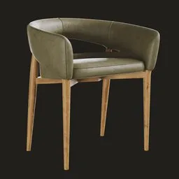 3D rendered olive green rounded chair with wooden legs, Blender-compatible model.