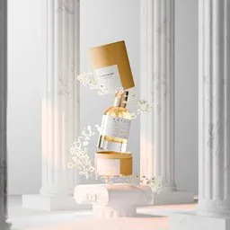 Elegant 3D-rendered perfume bottle on a pillar with floral accents, using Blender, ideal for product visualization.