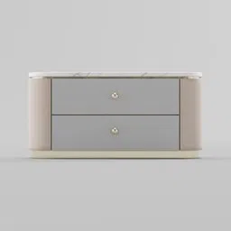 Modern Blender 3D model of a two-drawer side table with gold handles and a marble top, minimalistic design.