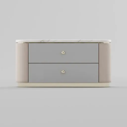 Modern Blender 3D model of a two-drawer side table with gold handles and a marble top, minimalistic design.