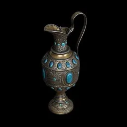 Highly detailed Blender 3D model of an ornate silver pitcher with turquoise inlays.