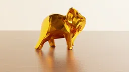 "Low-poly golden elephant 3D model with a glossy finish on a smooth surface, ideal for Blender rendering projects."
