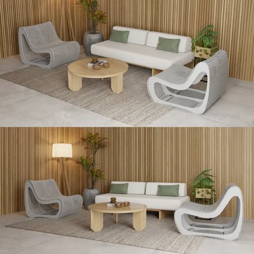 Detailed Blender 3D rendered tropical living room with modern furniture and warm lighting.
