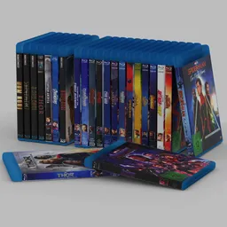 "Blender 3D model featuring a collection of the iconic 23 Marvel Cinematic Universe movies from 2008-2019. The model showcases a blue case filled with DVDs, concept art of Tony Stark, and other related imagery. Get the ultimate 3D representation of this popular franchise for your Blender projects."