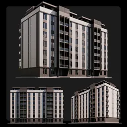 Detailed 3D model render of a modern apartment building with balconies and flat roofs, suitable for urban Blender scenes.