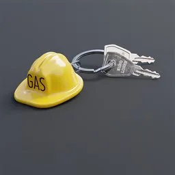 "Blender 3D model of a realistic yellow hard hat keychain with keys and a gas worker helmet, perfect for asset store and appgamekit projects. UV mapping allows for easy customization of graphics. Inspired by Nicolas Froment and rendered in Octane."