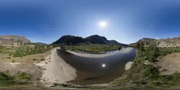 Panoramic HDR lighting of a serene river landscape with sun reflection for realistic 3D scene illumination.