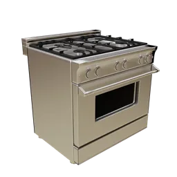 Realistic 3D model render of a stainless steel gas stove with oven, optimized for Blender, perfect for kitchen design.