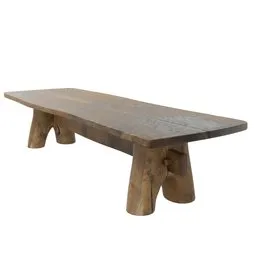 "Rustic wooden dining table 3D model for Blender 3D software. This realistic 3D model features a wooden bench with sturdy wooden legs, placed against a clean white background. Perfect for architectural and interior design projects."
