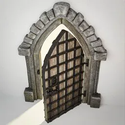 Detailed low-poly 3D Blender model of a medieval gothic wooden door with stone arch and PBR textures.