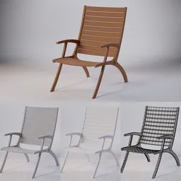 "Classic wooden lounge chair rendered in path tracing with reflective metal details and rich woodgrain texture. Designed by Paul Kelpe and available as a 3D model for Blender 3D. Dimensions are 63x94x100."