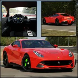3D model of a Ferrari F12 Berlinetta in red driving on a road, with highly detailed interior and materials. The interior appears similar to the Ferrari 458 Italia. Rigged and ready for use in Blender 3D.