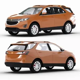 Detailed 3D Chevy Equinox model with procedural shaders and rigged suspension visible from multiple angles.
