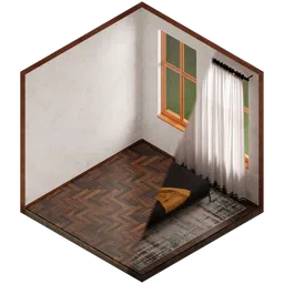 Isometric hexagonal room with parquet flooring and window, pre-lit for Blender 3D projects.