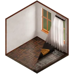 Isometric hexagonal room with parquet flooring and window, pre-lit for Blender 3D projects.