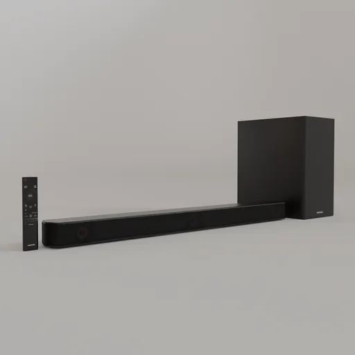 High-fidelity Samsung 5.1 surround sound 3D model with subwoofer, ideal for Blender 3D visualizations.