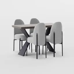 Modern minimalist 3D-rendered wooden table and grey fabric chairs, compatible with Blender for interior design.