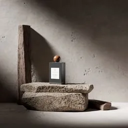 Realistic 3D mockup scene of perfume bottle on stone podium with wooden accent for Blender rendering.