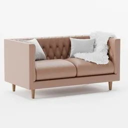 Detailed 3D model of a modern vegan leather loveseat with tufted cushions and plush throws, optimized for Blender.